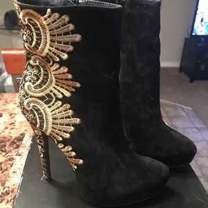 Black Suede & Gold Lace Boot Heels